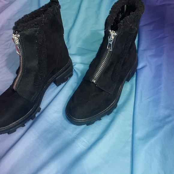 Unisa Suede Zip Black Fur Trim Platform Combat Boots 6.5 biker goth - Picture 3 of 6